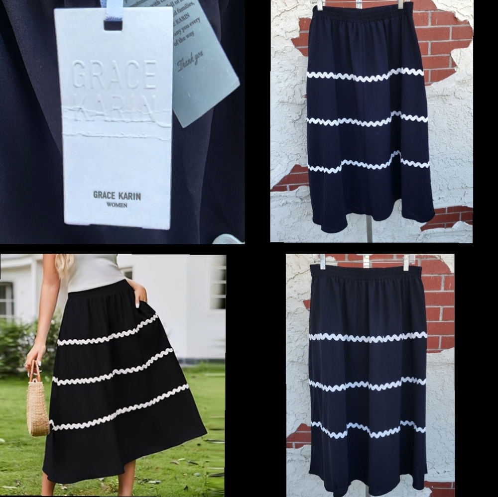 xl fit LARGE ?? GRACE KARIN midi black white flare elastic waist pullon skirt